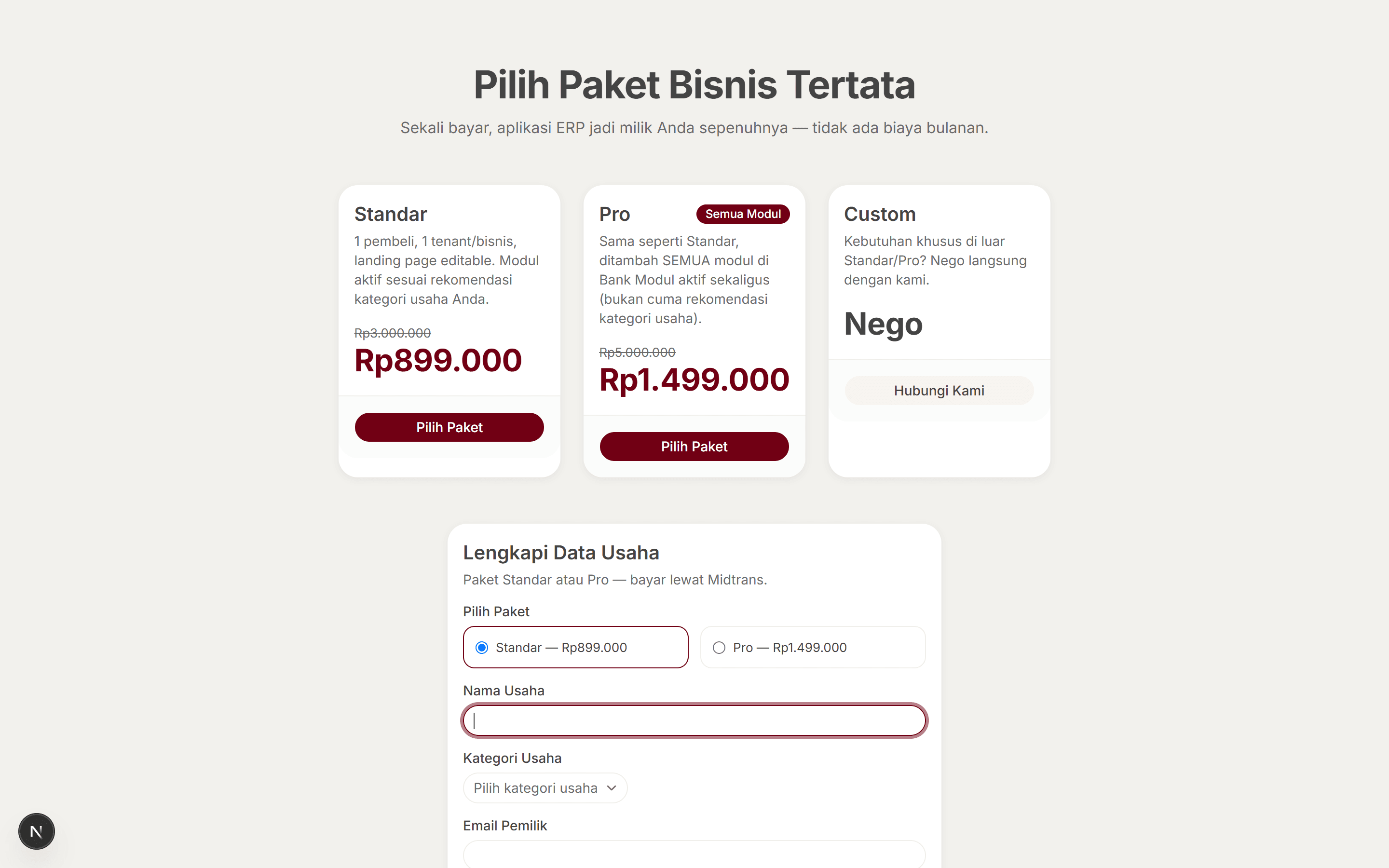 Halaman pilih paket Bisnis Tertata