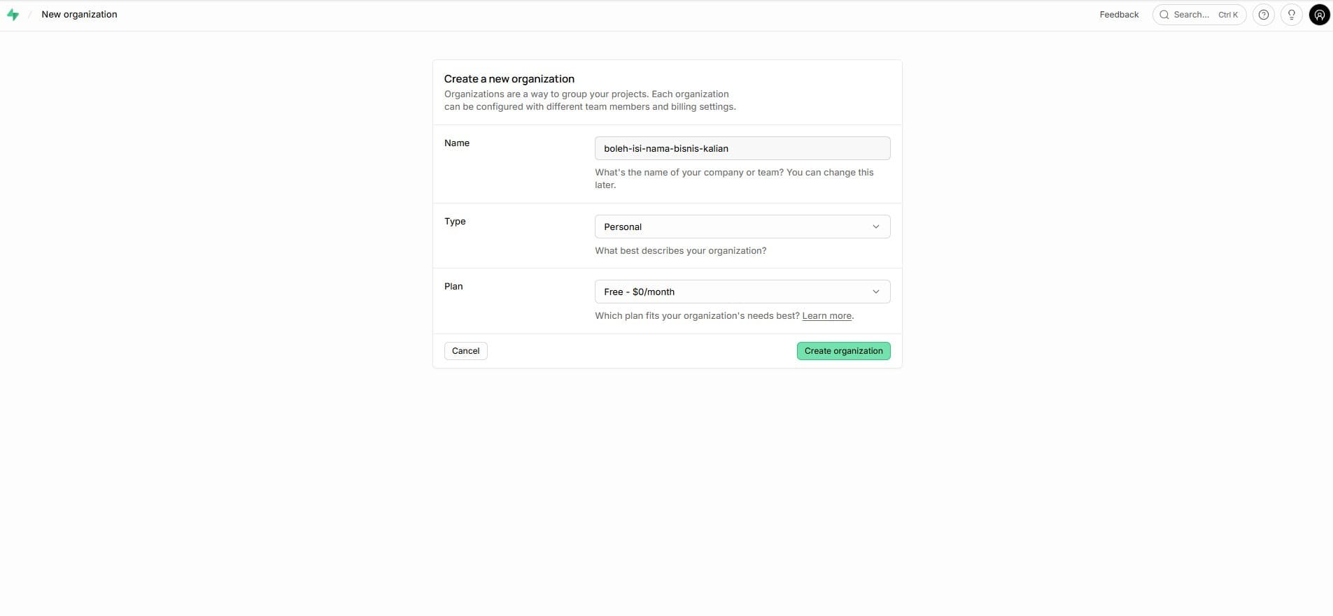 Form buat organisasi baru di Supabase