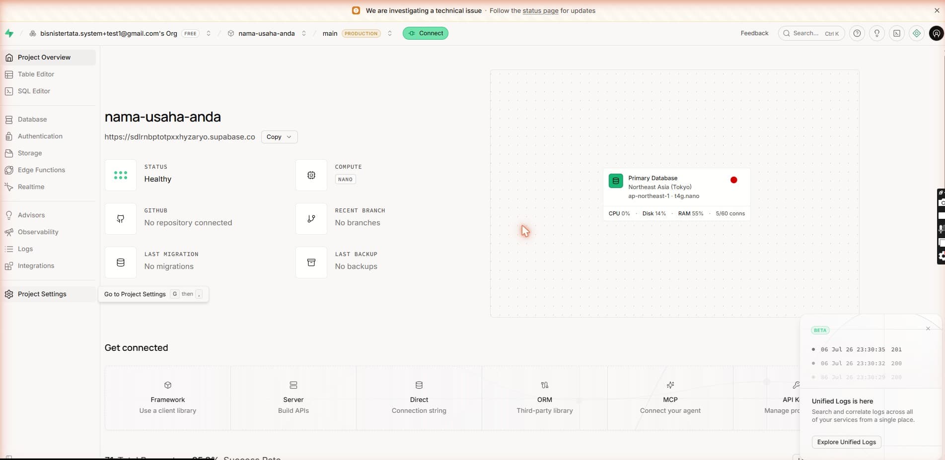 Halaman overview project Supabase setelah selesai dibuat