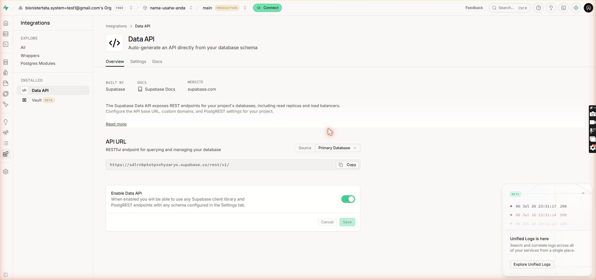 Halaman Data API menampilkan Project Reference