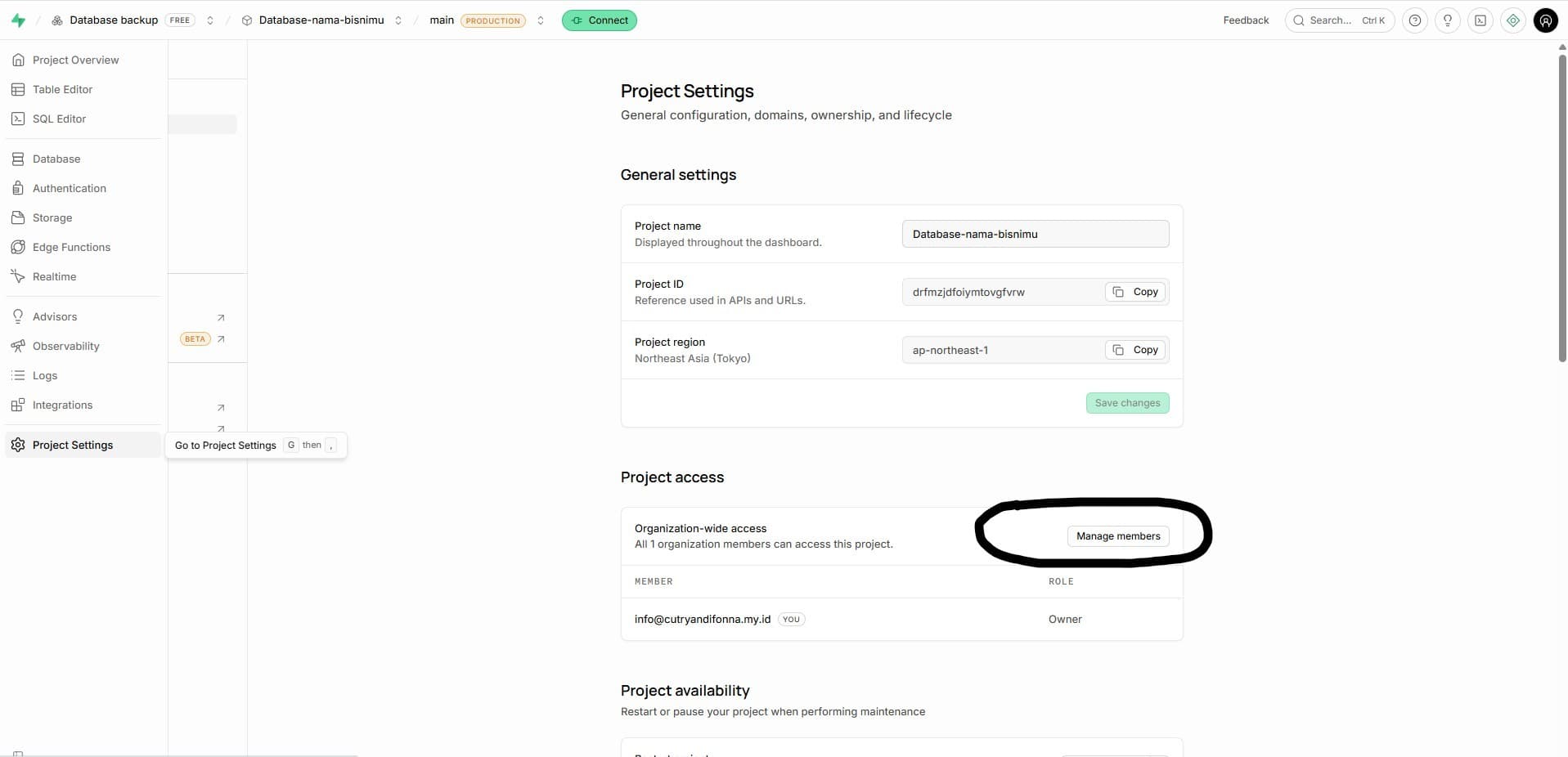 Navigasi ke pengaturan Team lewat Project Settings di Supabase